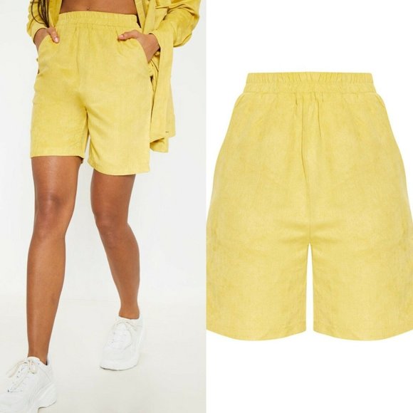 PRETTYLITTLETHING Mustard Yellow Faux Suede Pocket Detail Jacket + Shorts SZ 2 - Picture 2 of 16